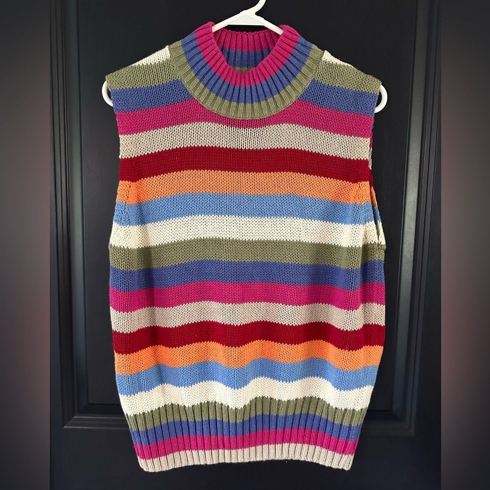 VTG 90s Y2k Striped Knit Cottagecore Turtleneck Sweater Vest Colorful XL